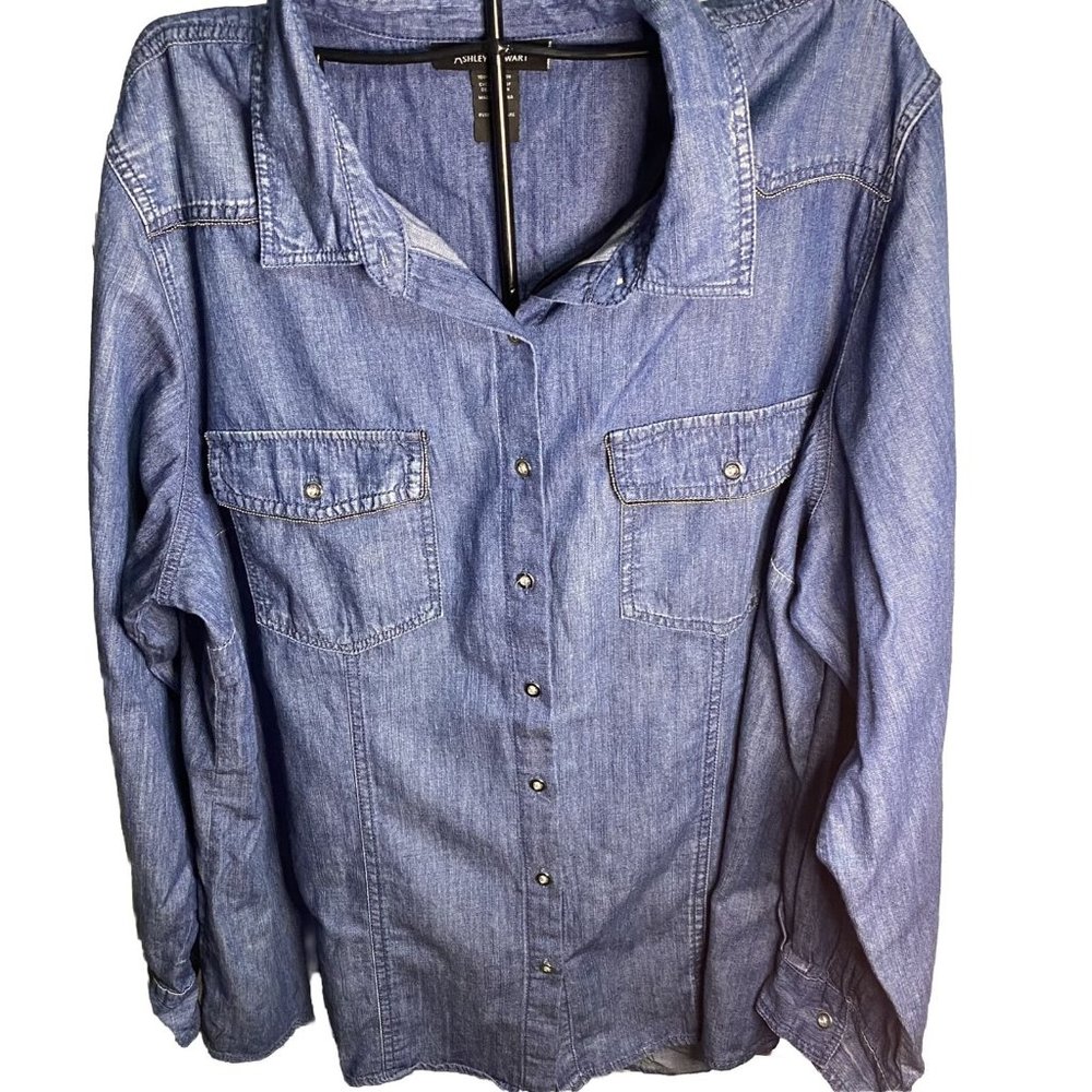 Ashley Stewart Chambray Size 18 Button Down Hi Lo Shirt Rodeo Farm Western Trim - Picture 3 of 11